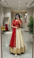 Kanakvalli Cream & Maroon Embroidered Lehenga Set