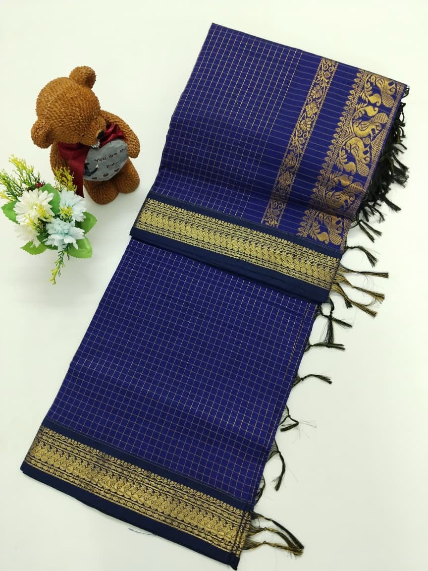 Checked Cotton Saree with Zari Pallu & Contrast Blouse