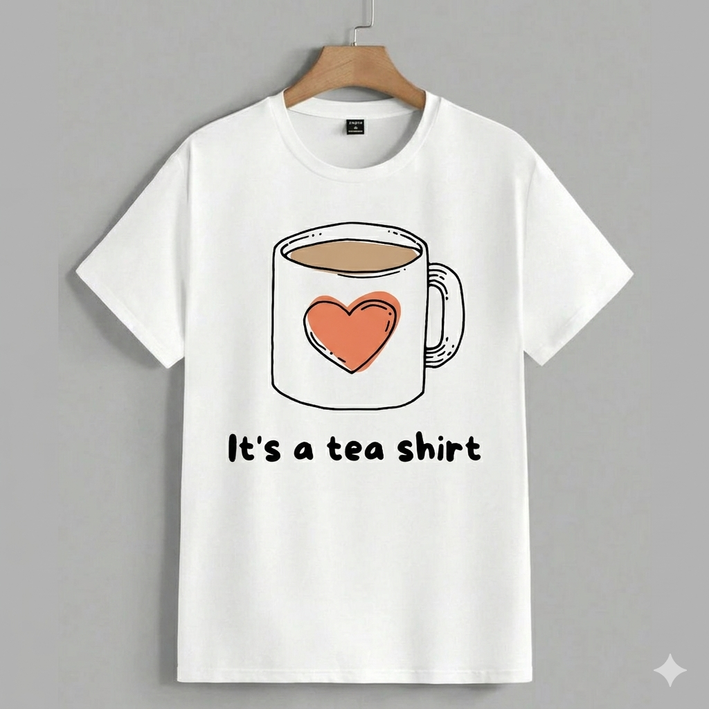White t-shirt with a graphic of a coffee mug with a heart and text 'It's a tea shirt' on a gray background