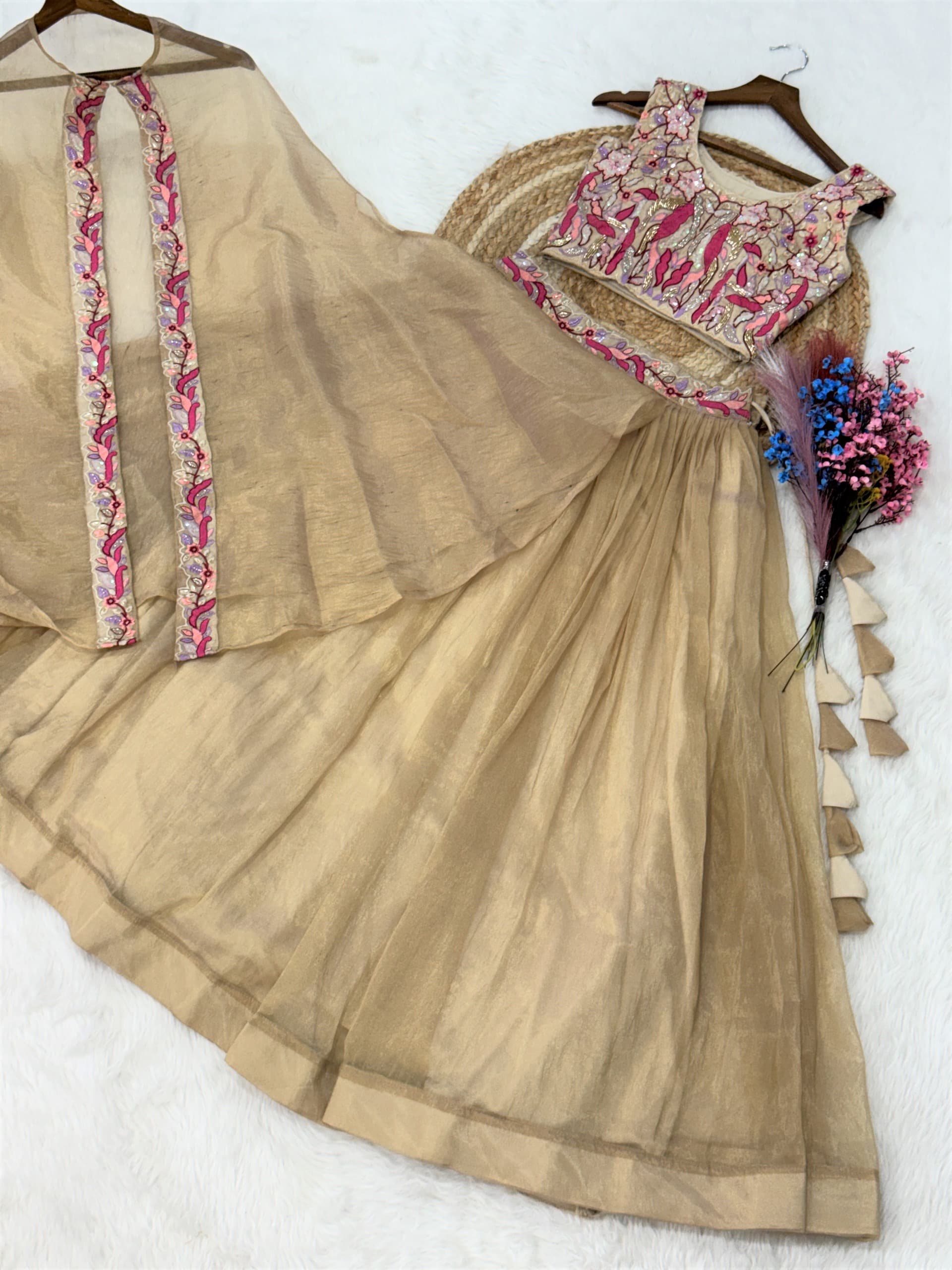 Gamthi Work Cotton Lehenga Choli Set with Koti