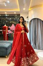 Embroidered Fendy Silk Gown Pant Dupatta Set