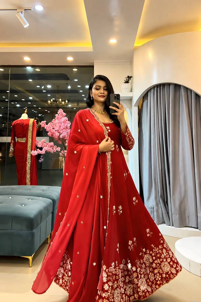 Embroidered Fendy Silk Gown Pant Dupatta Set