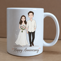 White mug with a cartoon illustration of a couple holding hands and the text 'Happy Anniversary' on a wooden surface.