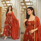 Floral Print - Muslin Long Dress with Full Flare