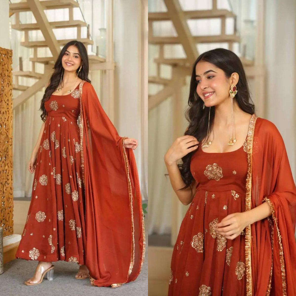 Floral Print - Muslin Long Dress with Full Flare