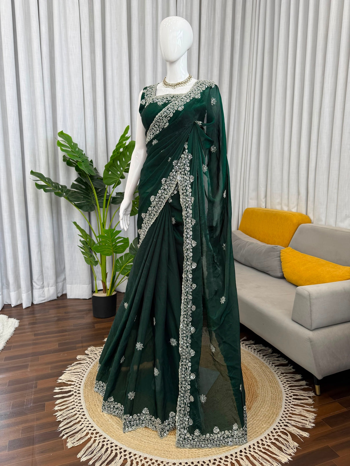 Beads & Sequins Work Fendy Silk Saree with Blouse