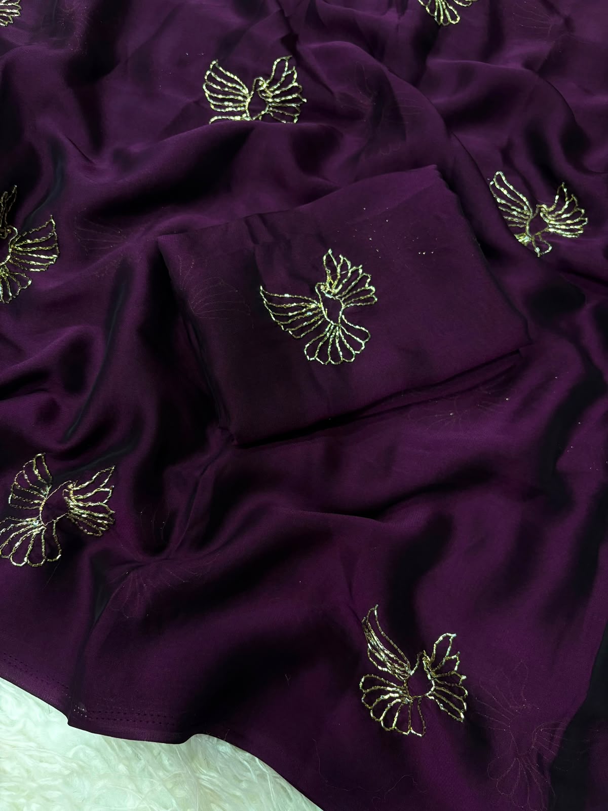 Bird Motif Beaded Rangoli Fabric Saree with Blouse