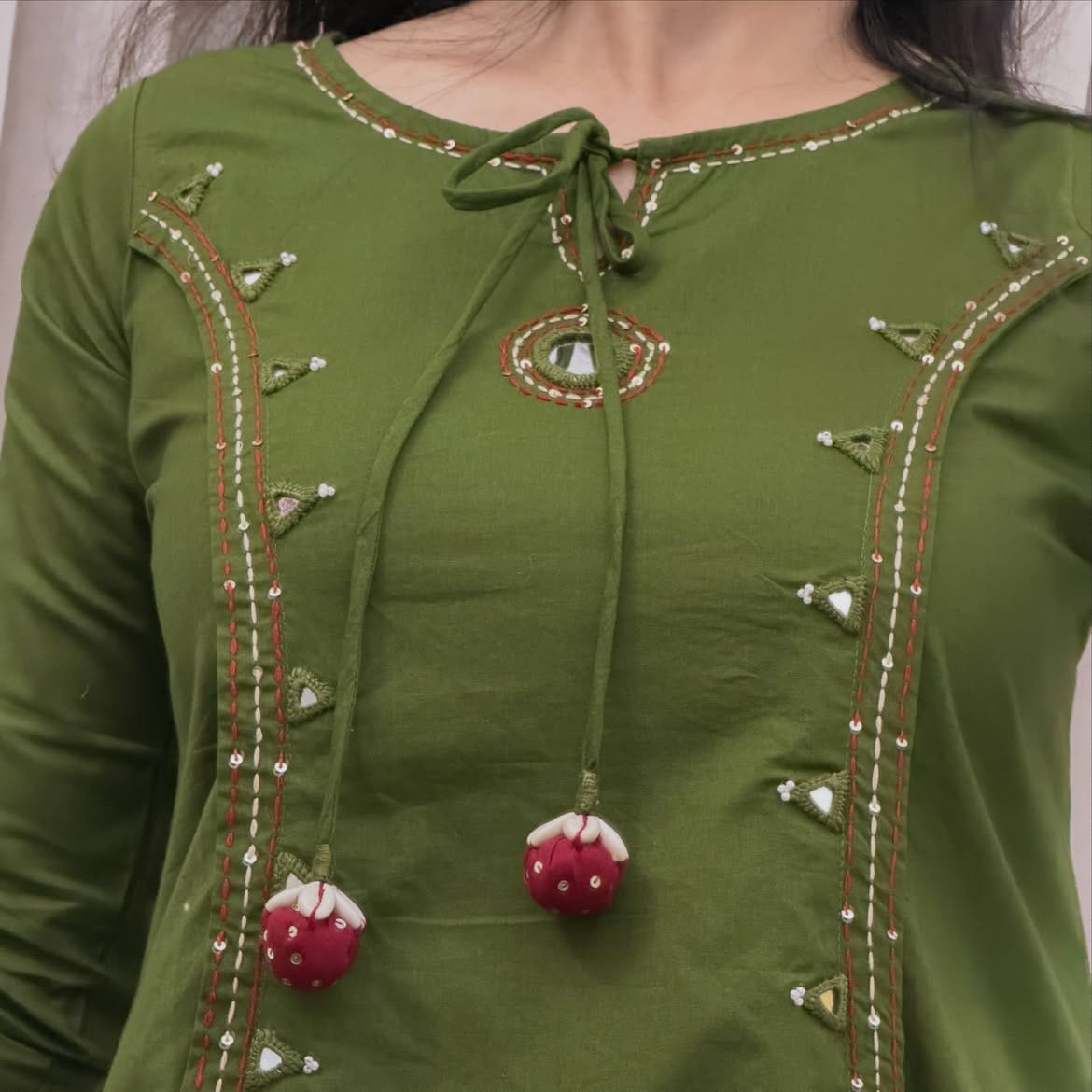 Pure Cotton Mirror Work A-Line Kurta Pant Dupatta Set