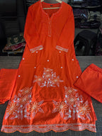 Designer Heavy Cotton Embroidered Kurti Pant Set with Cotton Dupatta