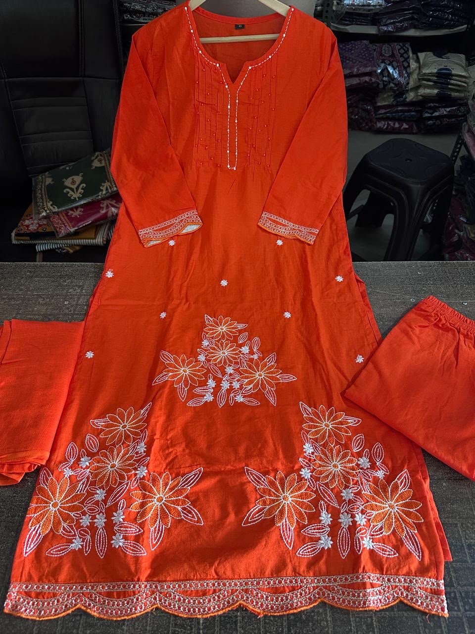 Designer Heavy Cotton Embroidered Kurti Pant Set with Cotton Dupatta