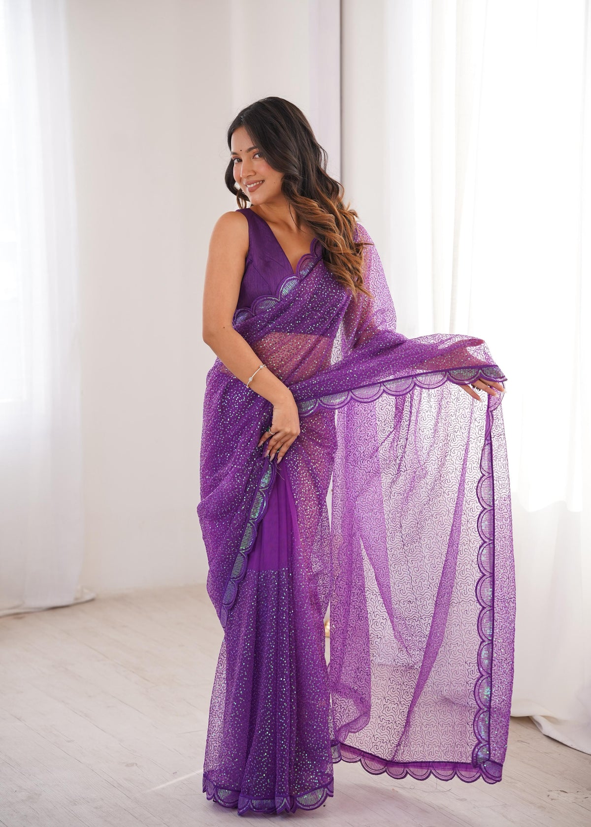 Soft Net Saree with Thread & Sequin Embroidery and Benglori Silk Blouse