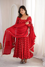 Designer Chinon Silk Anarkali Suit Set with Embroidered Dupatta
