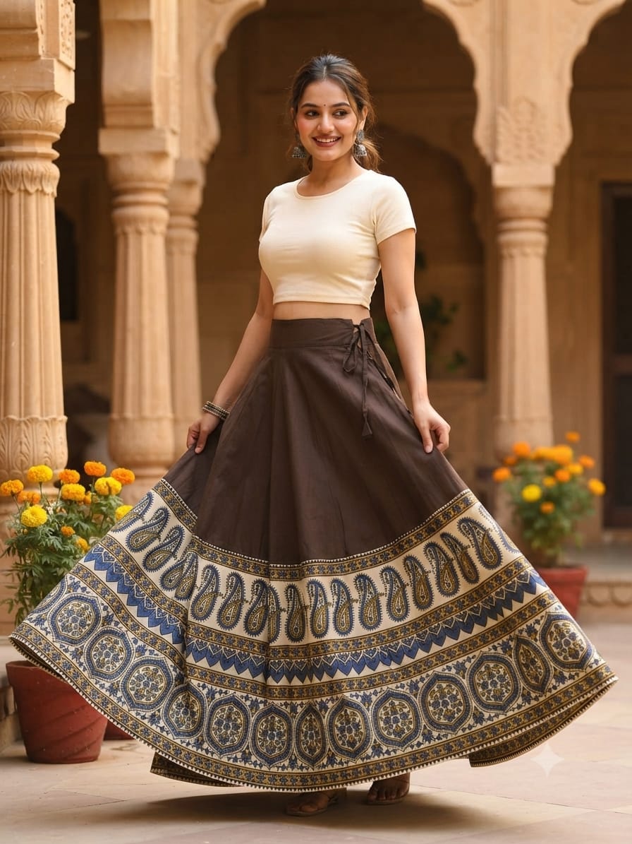 Plain Cotton Kali Skirt with Natural Border
