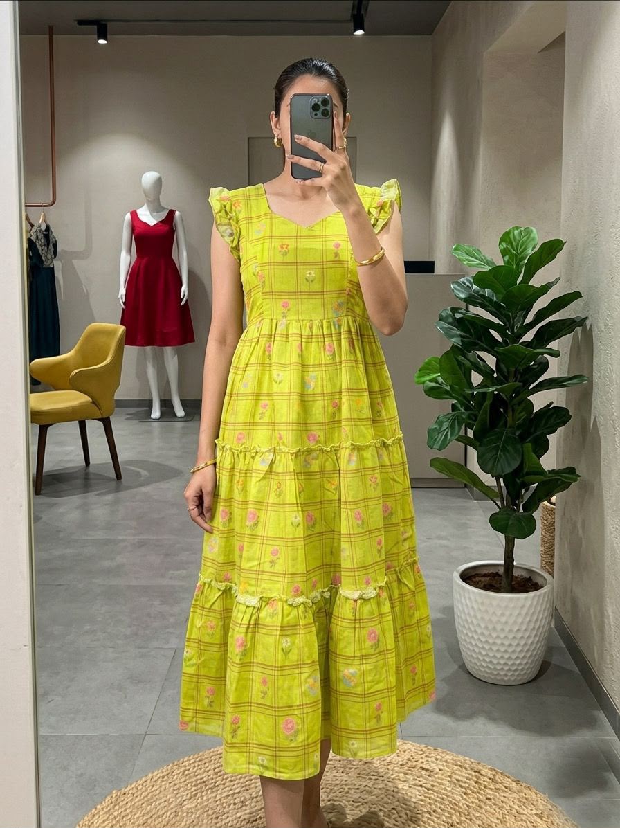 Designer Chanderi Cotton Plaid Maxi Dress for Women