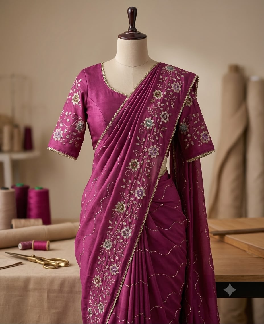 Designer Saree with Heavy Work Blouse & Lace Border