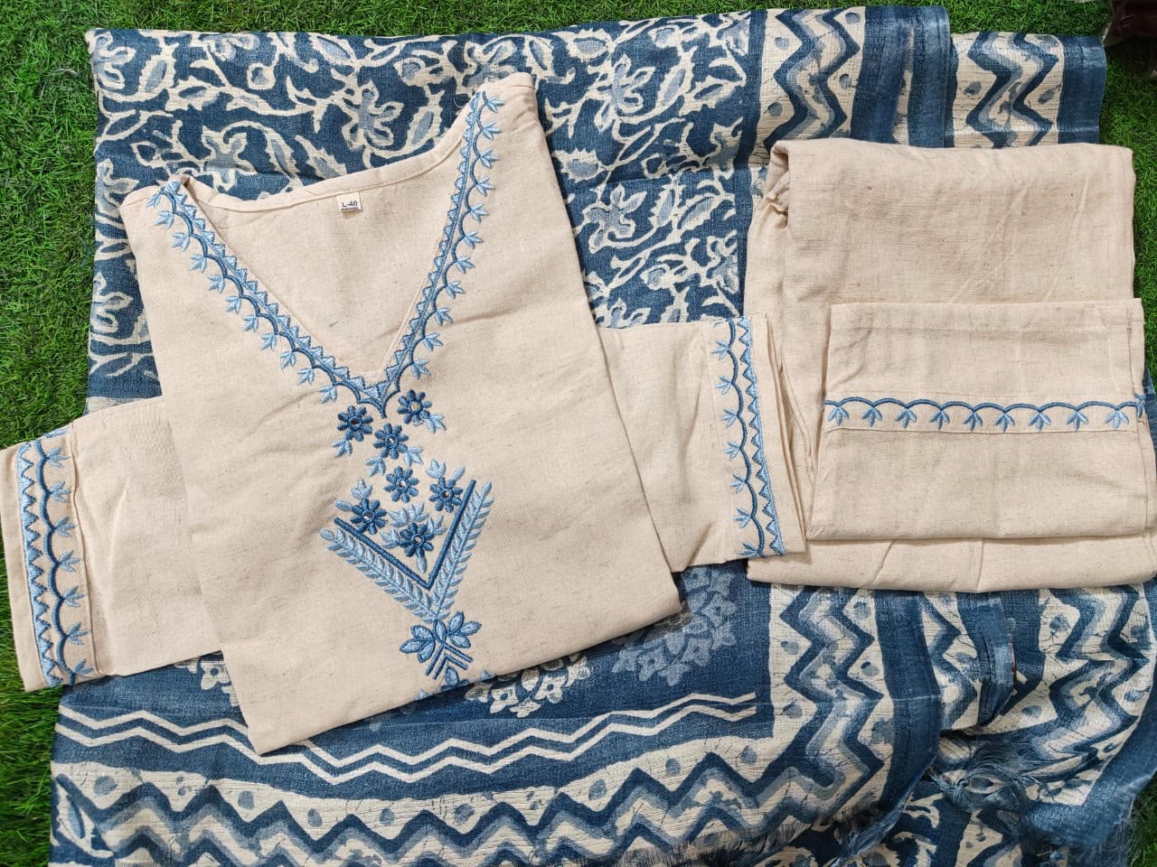 Embroidered Khadi Cotton Kurti Pant Set with Khadi Silk Dupatta