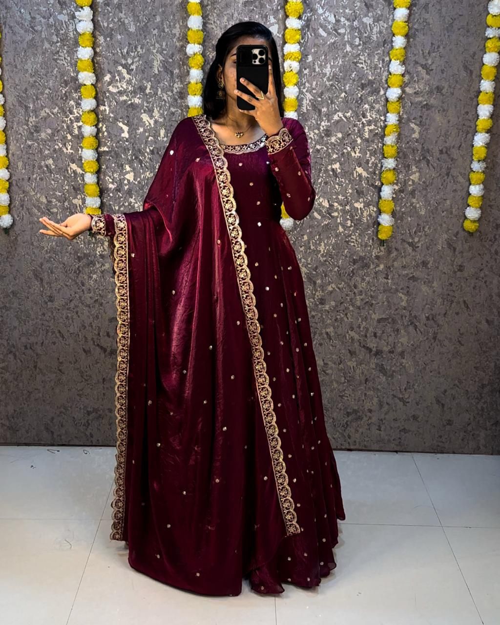 Designer Sequence Embroidered Fendi Silk Gown with Dupatta