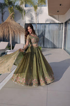 Multi Thread Embroidered Fendi Silk Lehenga Choli Set