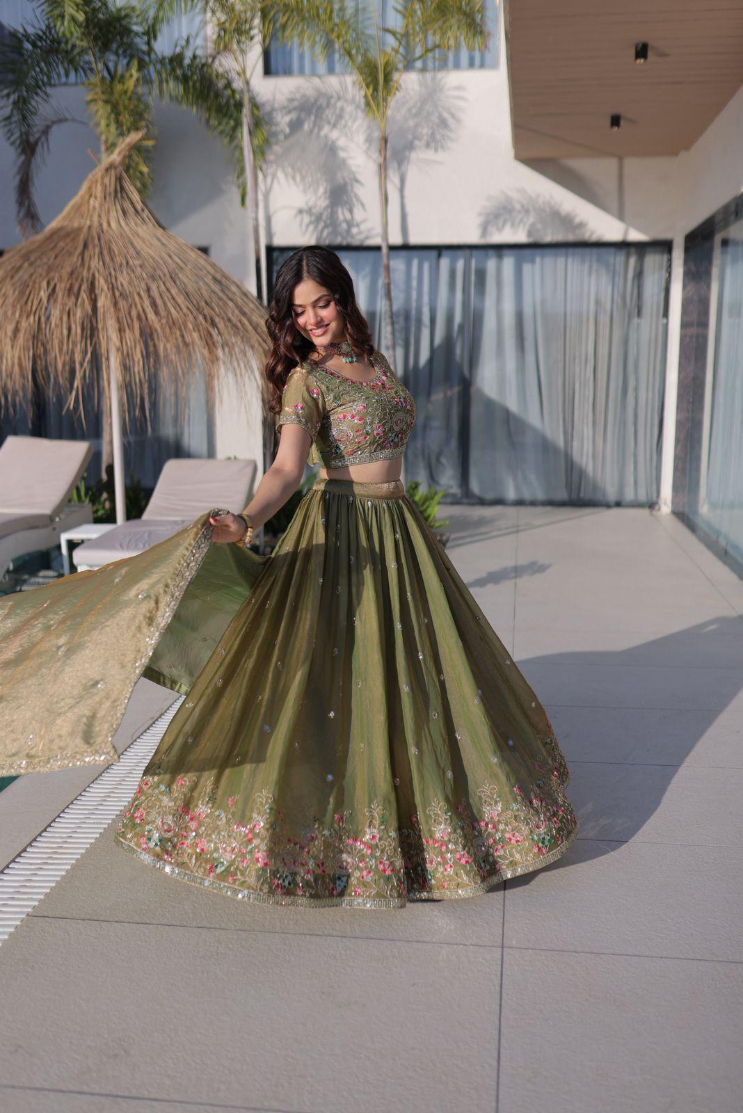 Multi Thread Embroidered Fendi Silk Lehenga Choli Set