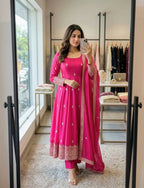 Embroidered Chinon Silk Gown Pant Set with Dupatta