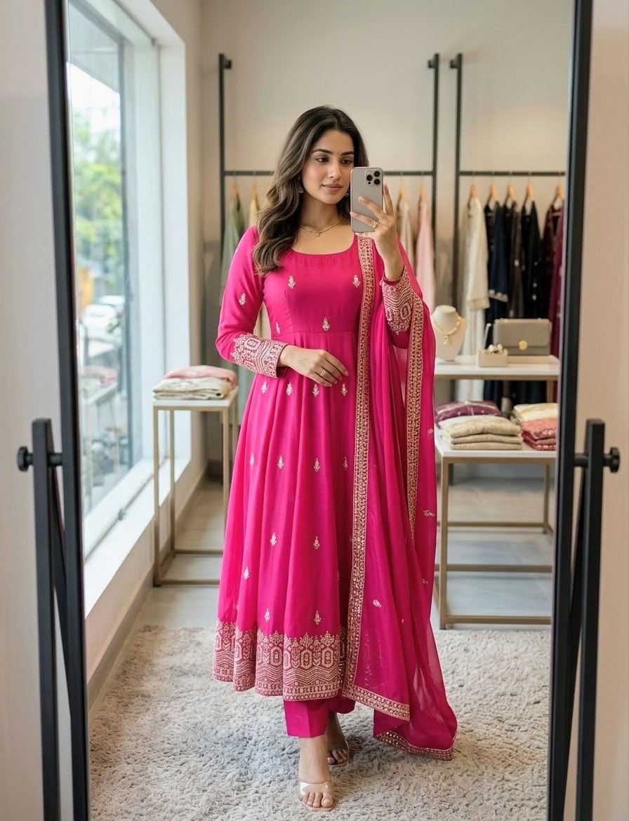 Embroidered Chinon Silk Gown Pant Set with Dupatta