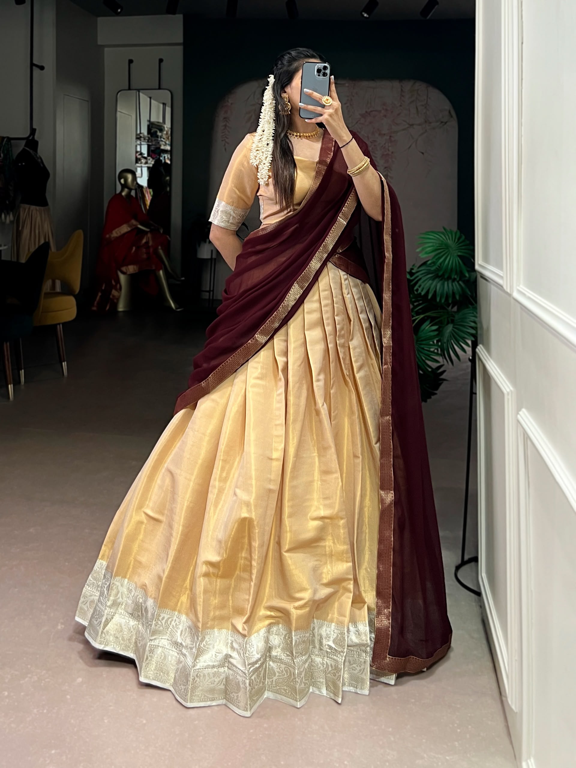 Kanchipuram Style Lehenga Set with Zari Border & Dupatta