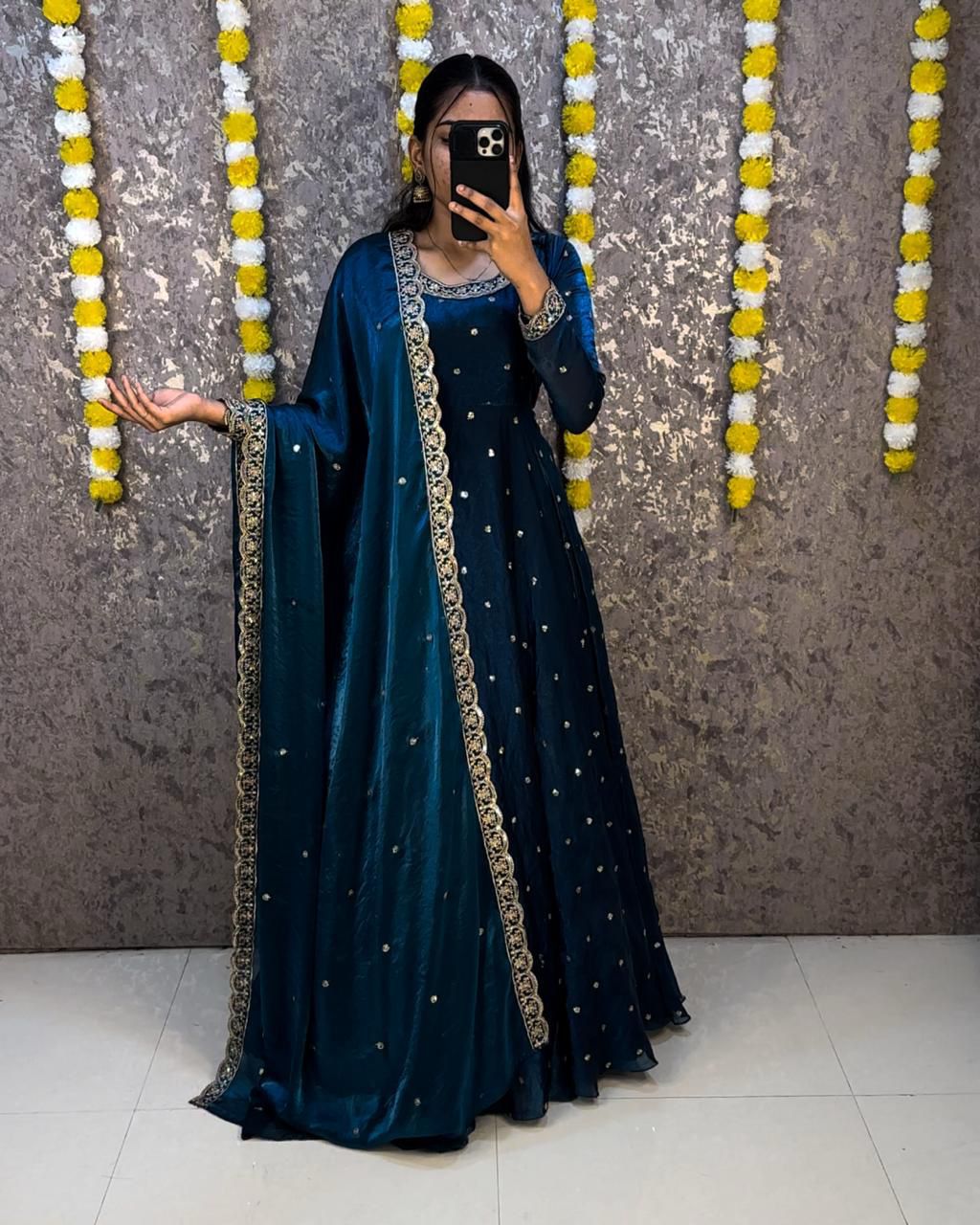 Designer Sequence Embroidered Fendi Silk Gown with Dupatta