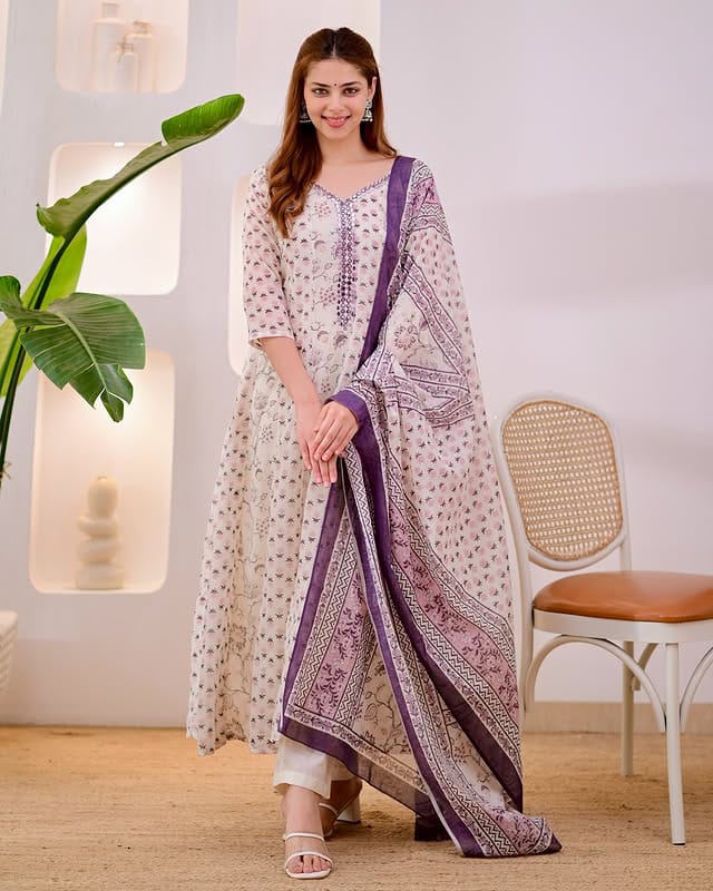 Mirror Embroidered Cotton Anarkali Suit Set with Mulmul Dupatta