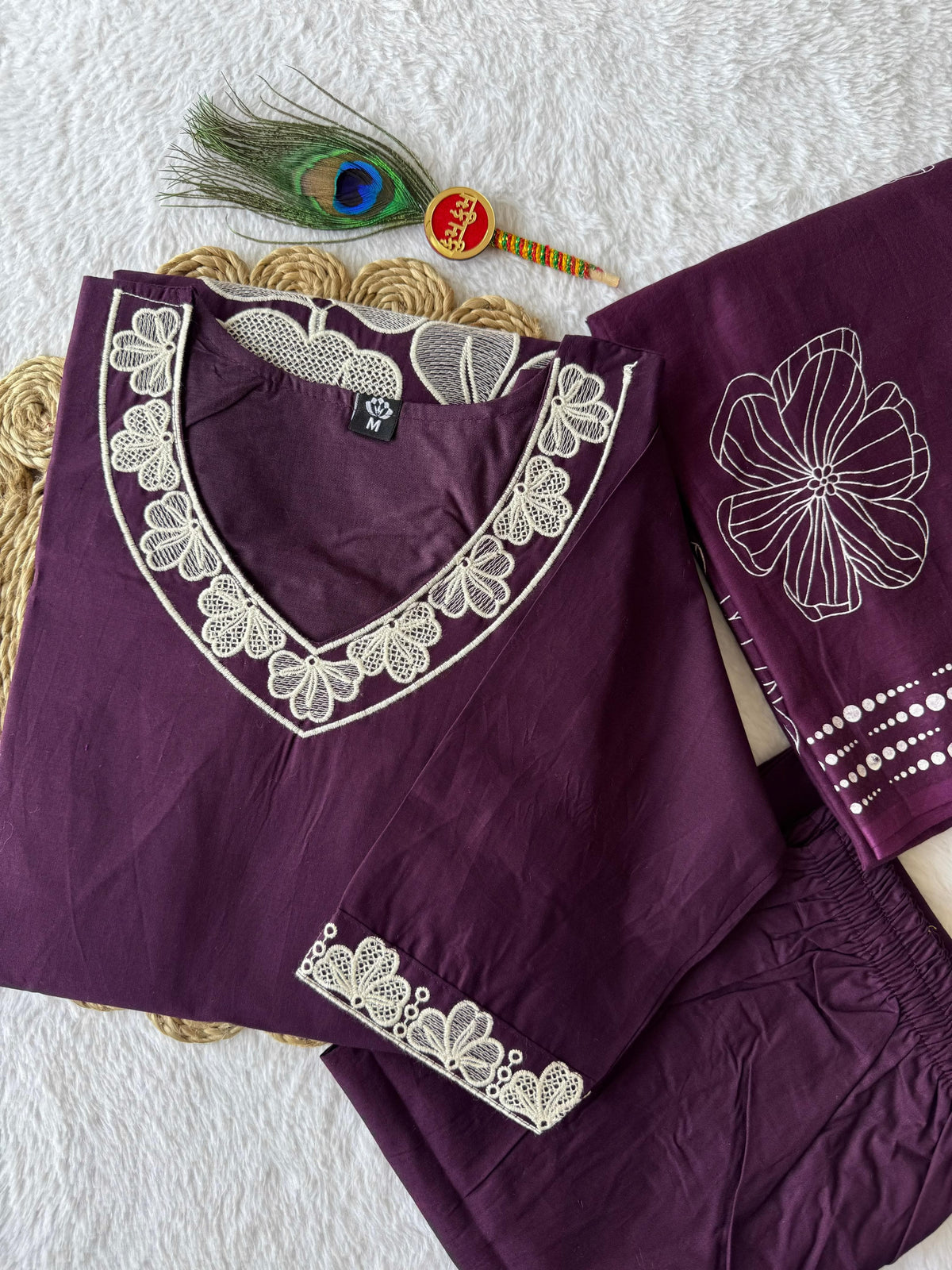 Embroidered Cotton A-Line Kurti Pant Set with Hand Block Dupatta