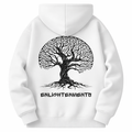 White hoodie with a black tree design and 'Enlightenments' text on a white background