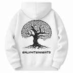 White hoodie with a black tree design and 'Enlightenments' text on a white background