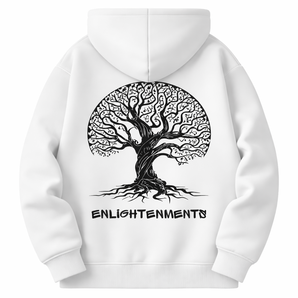White hoodie with a black tree design and 'Enlightenments' text on a white background