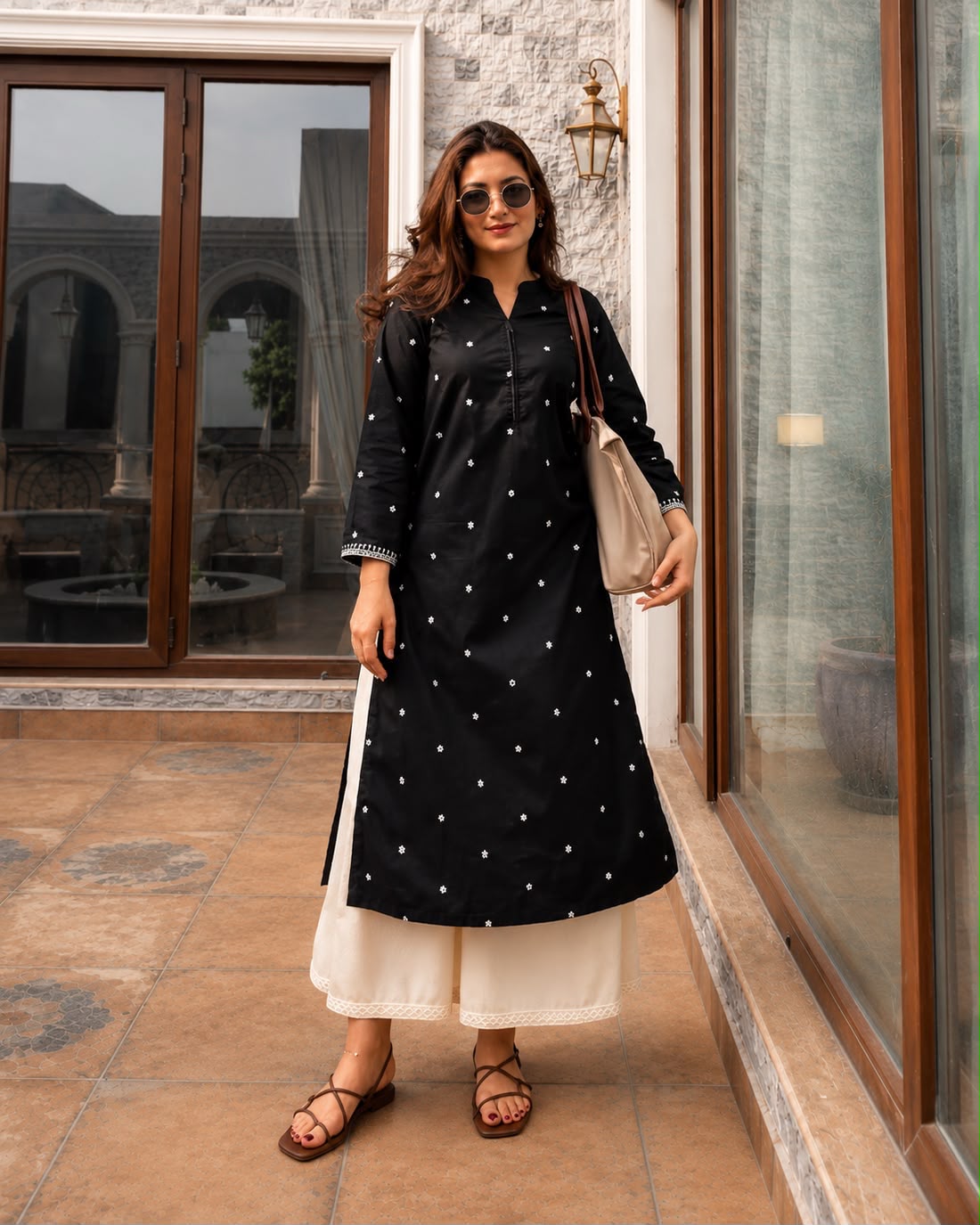 Black Embroidered Cotton Co-Ord Set with Palazzo