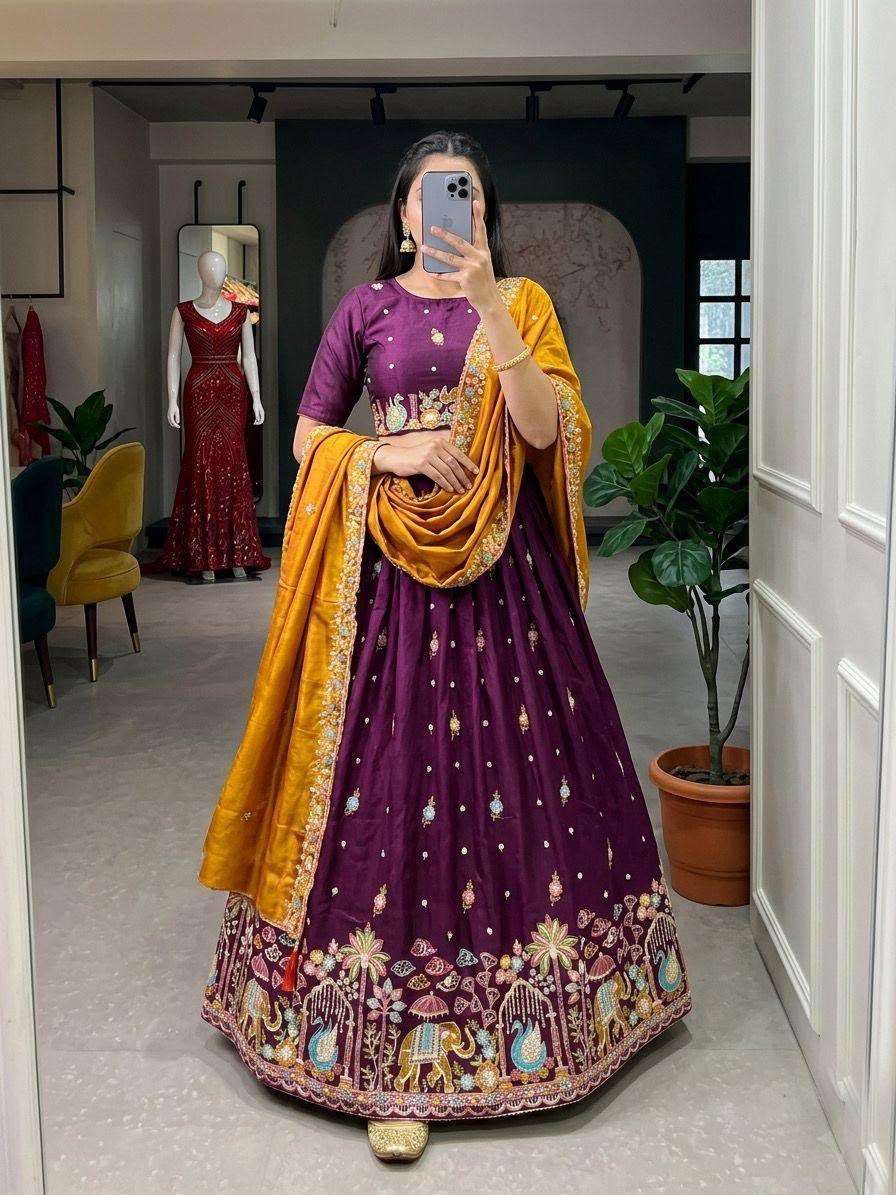 Designer Space Silk Embroidered Lehenga Choli with Dupatta
