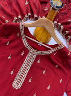 Embroidered Vichitra Silk Kurti Pant Set with Dupatta