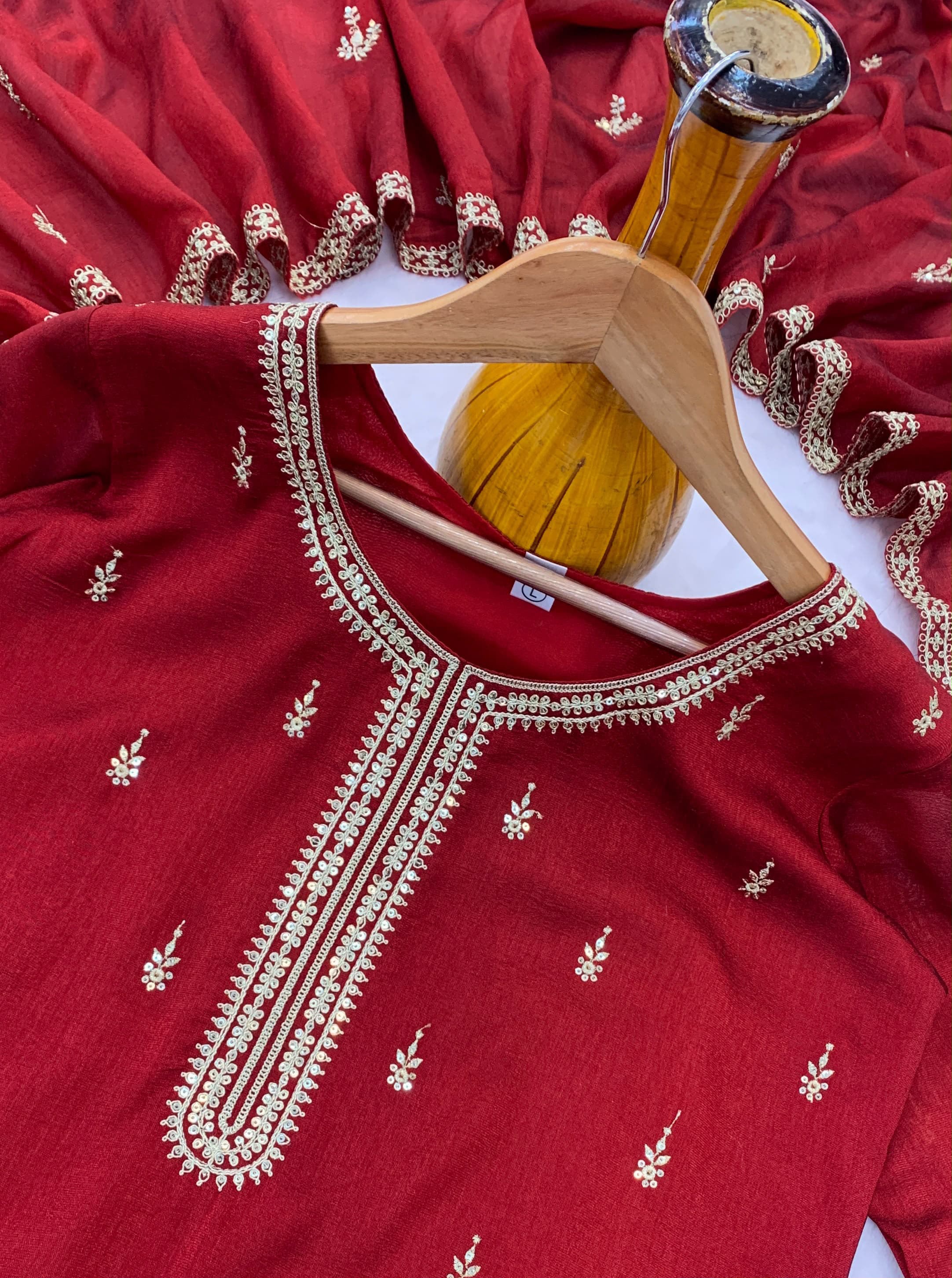 Embroidered Vichitra Silk Kurti Pant Set with Dupatta
