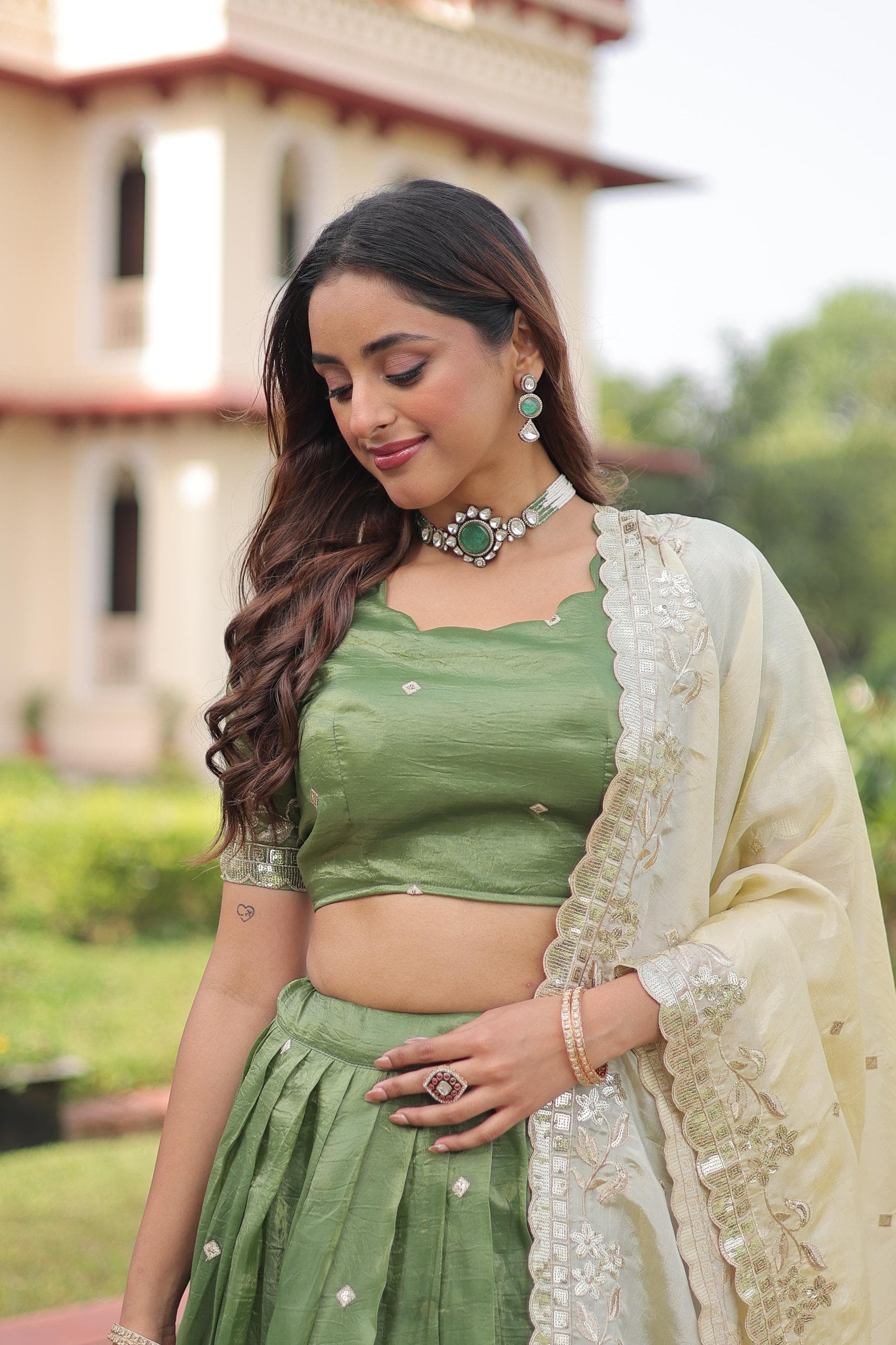 Sequins Embroidered Gold Crush Lehenga Choli Set with Dupatta