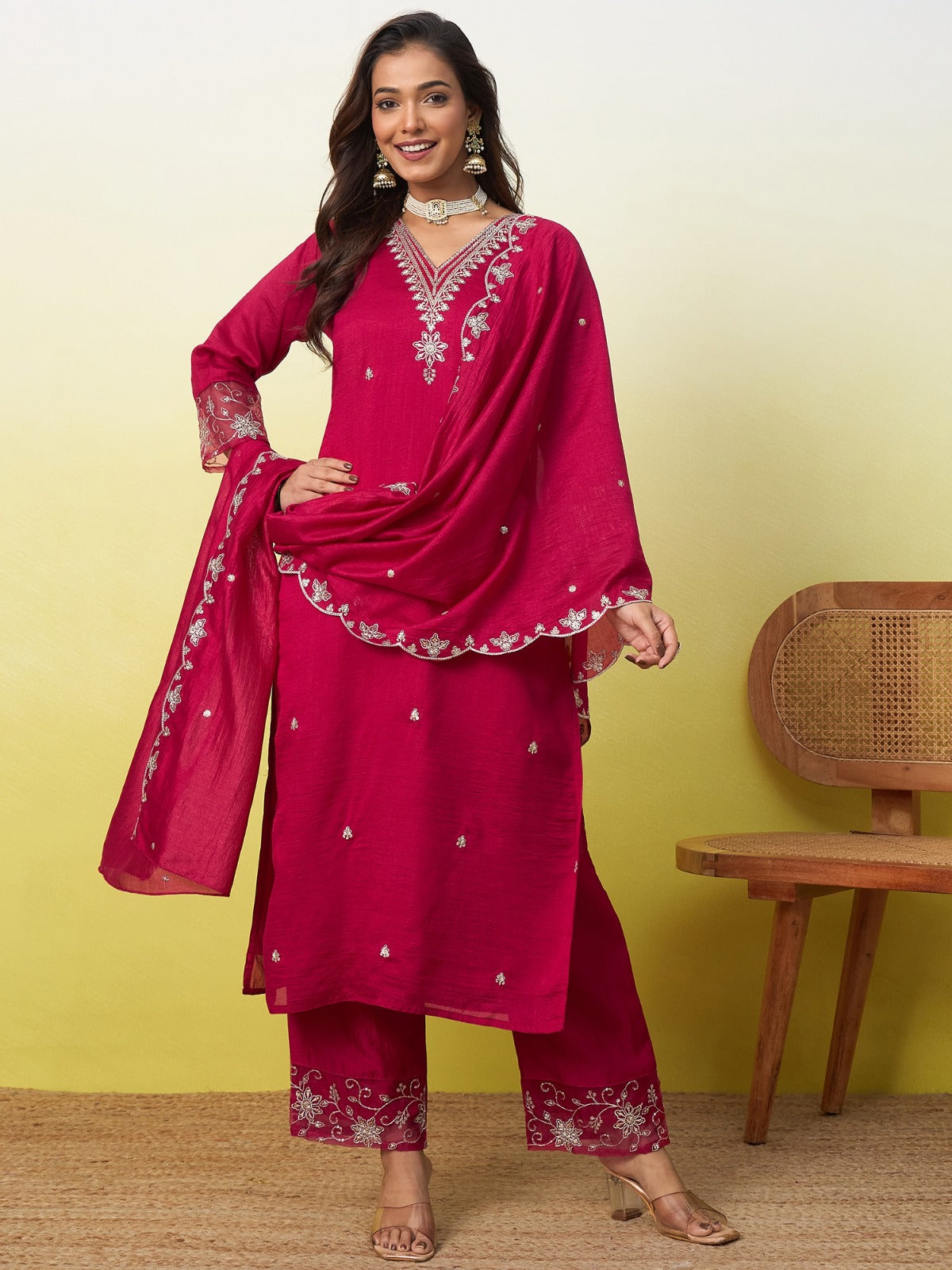 Embroidered Vichitra Silk Kurta Pant Set with Dupatta