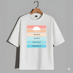 White t-shirt with colorful design and text on a gray background