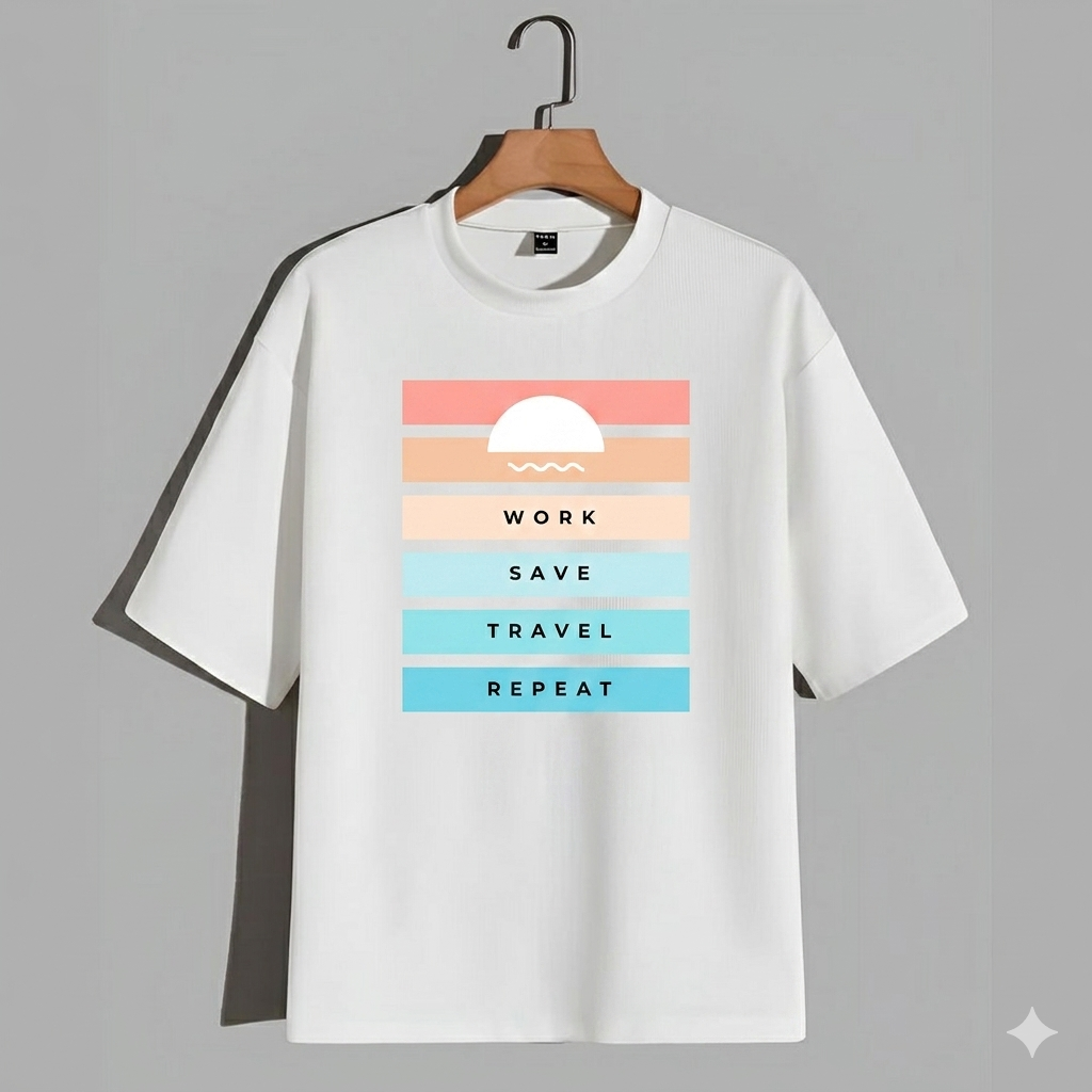 White t-shirt with colorful design and text on a gray background