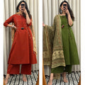 Pure Cotton Mirror Work A-Line Kurta Pant Dupatta Set