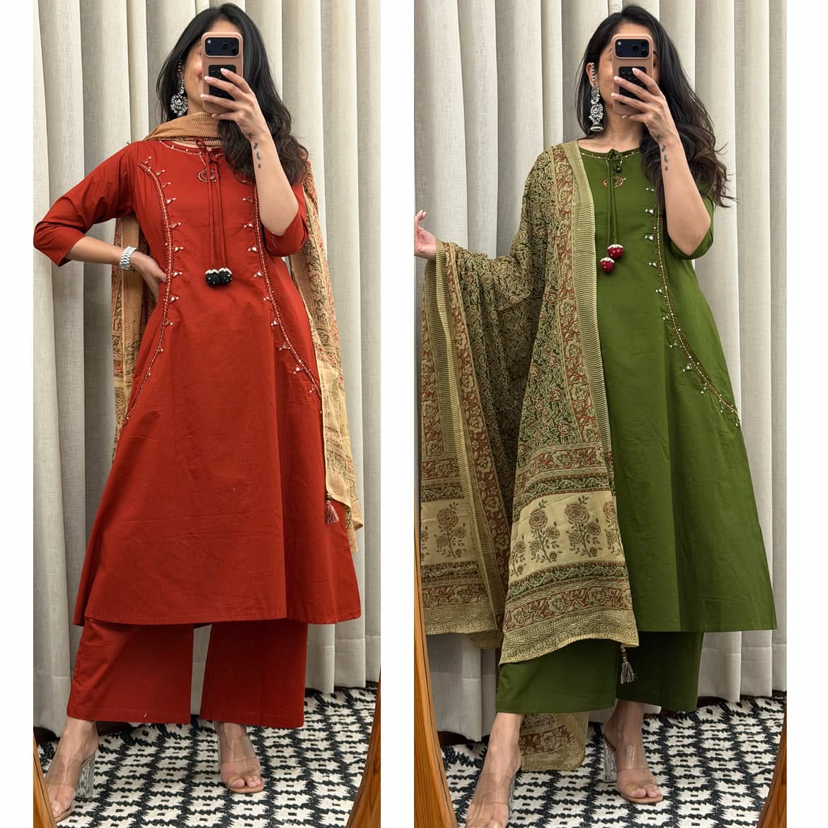Pure Cotton Mirror Work A-Line Kurta Pant Dupatta Set