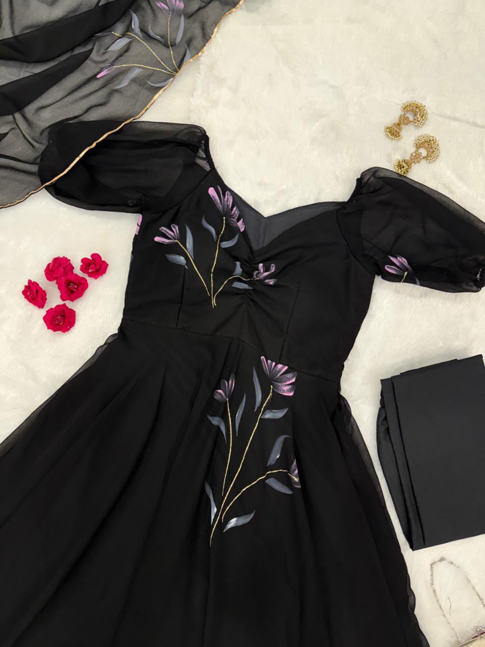 Handpainted Georgette Anarkali Suit Set with Dupatta