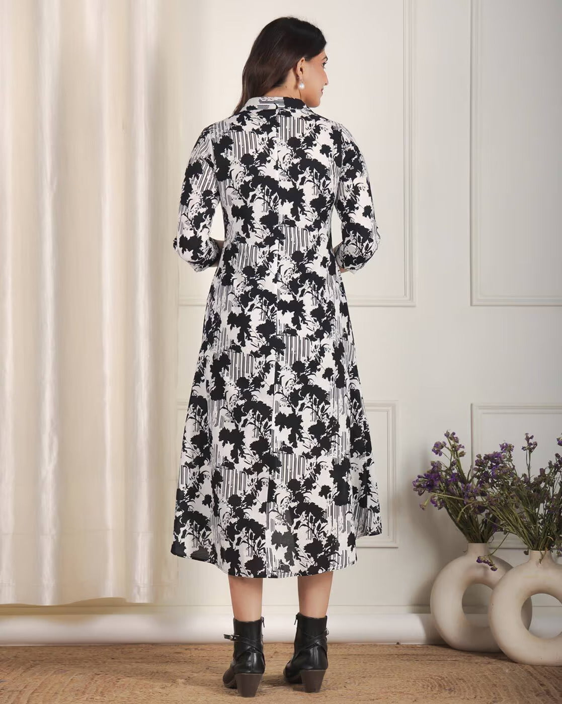 Abstract Floral & Stripe Print Muslin Long Dress