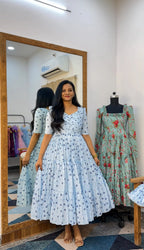 Floral Print Chanderi Cotton Maxi Dress for Women