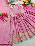 Embroidered Chinon Silk Gown Pant Set with Dupatta