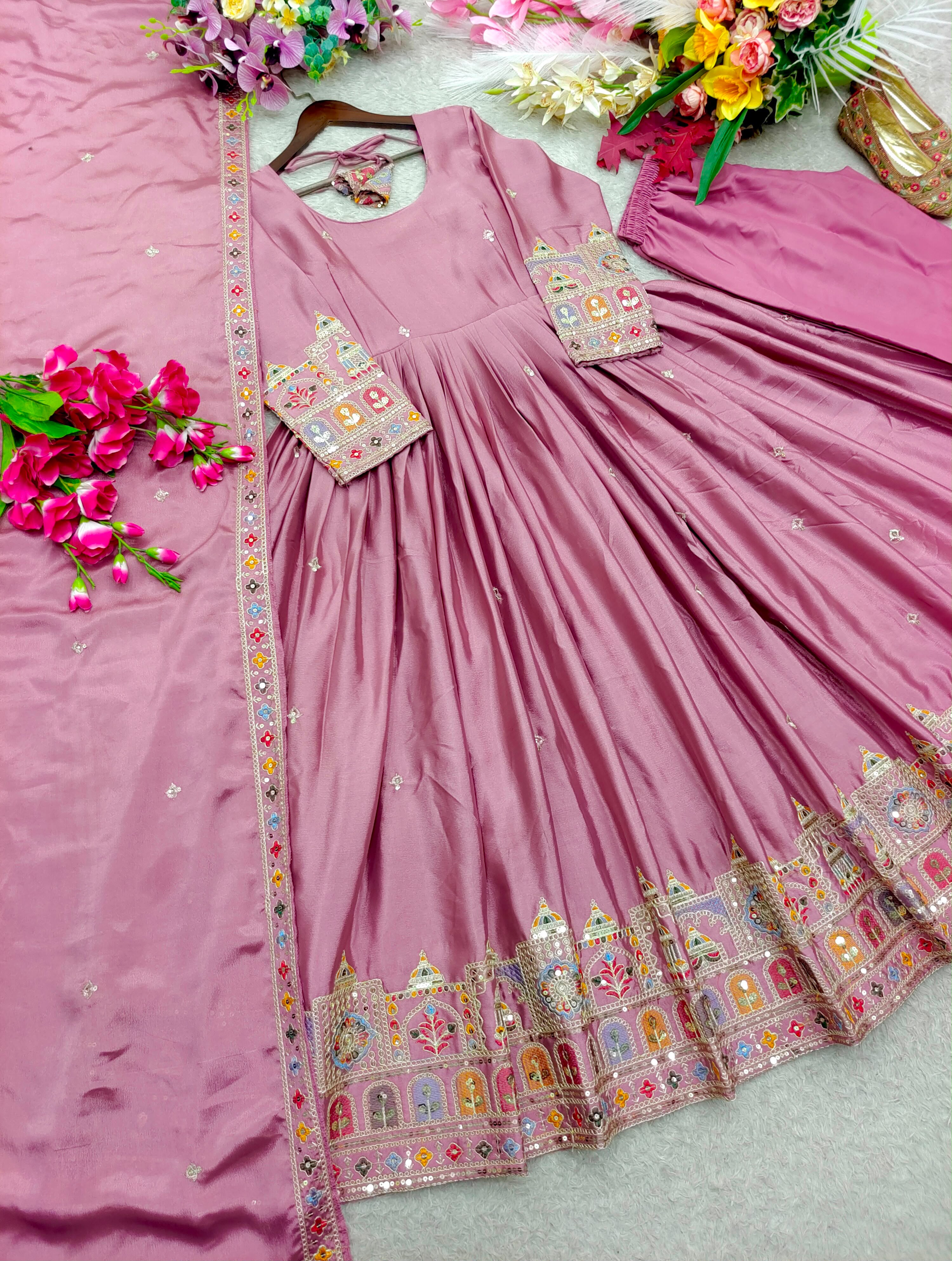 Embroidered Chinon Silk Gown Pant Set with Dupatta