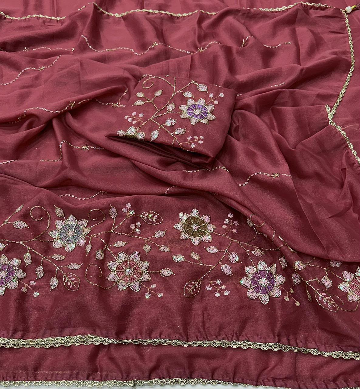 Designer Saree with Heavy Work Blouse & Lace Border
