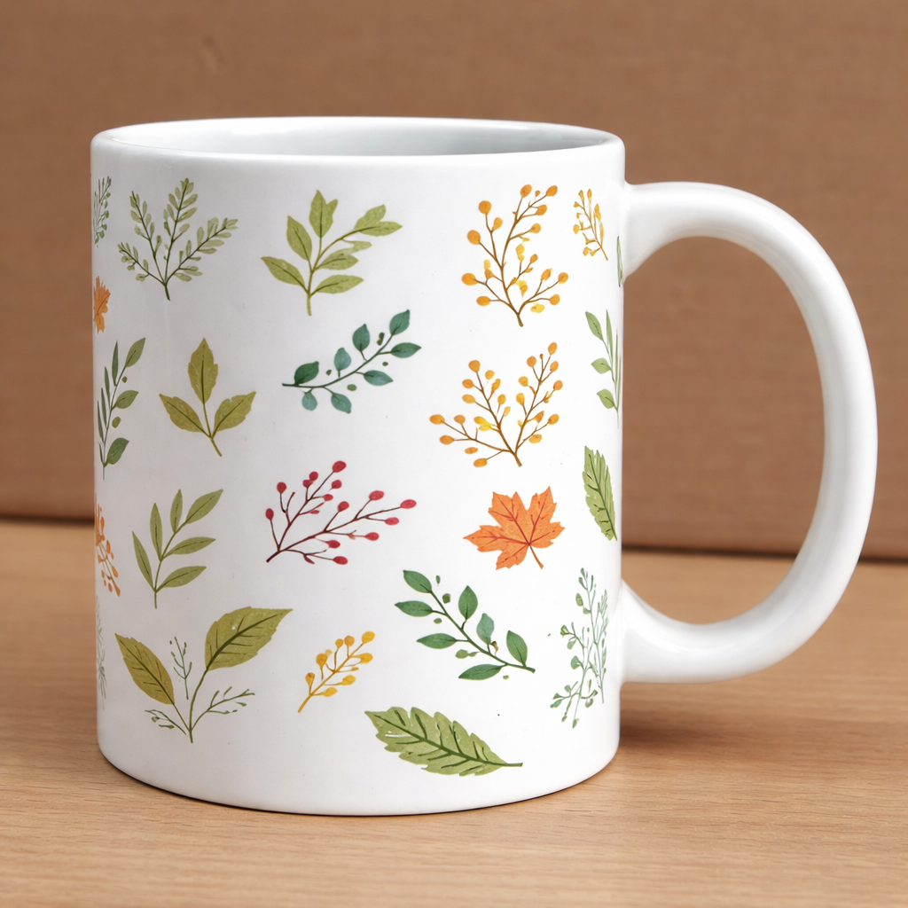 White mug with leaf pattern on a wooden surface and brown background