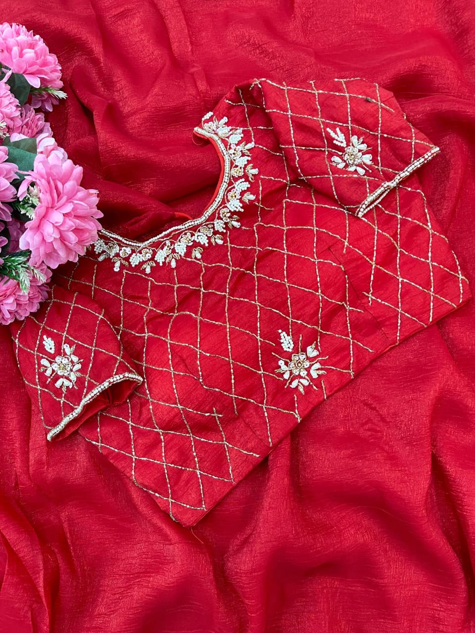 Crunchy Silk Khatli Work Saree with Handwork Blouse